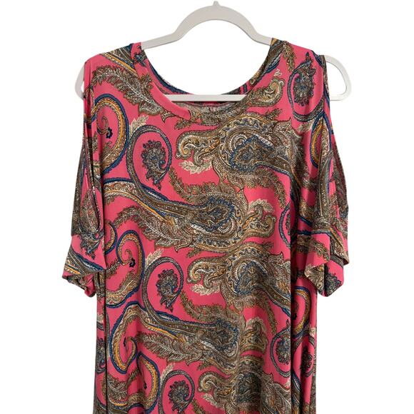 Womens XL Boho Pink Paisley Short Cold Shoulder Oversized Slinky Tunic Top XL - Picture 2 of 9